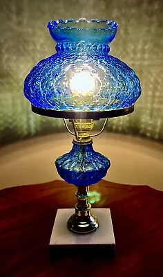 Vintage Blue Diamond Quilted Glass Lamp - Marble Base Works • $61