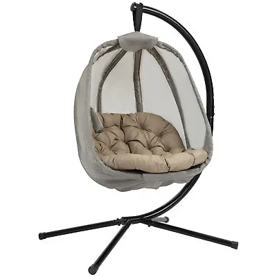 Outsunny Folding Hanging Egg Chair W/ Cushion And Stand For Indoor Outdoor Khaki • £164.99