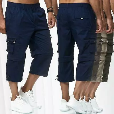 Mens Cargo Elasticated Waist 3/4 Long Length Shorts Combat Multi Pockets Pants • £10.99