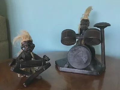 $36 • Buy Vintage Pair Of Carved Tiki Men Wild Drummers Grass SKirts  2 Drummers 