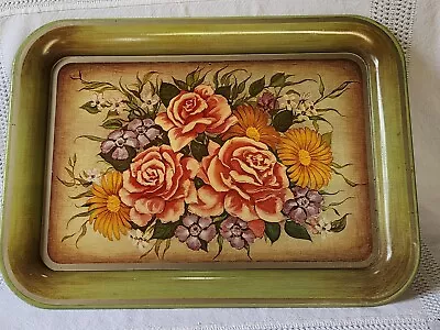 Vintage Metal Tin Toleware Tray Roses Flowers Floral 17.5  X 12.75  Cottage Core • $14.99