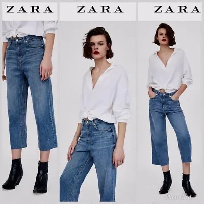 Zara High Waist Culotte In Malibu Blue 100% Cotton Denim Cropped Jeans Wide Leg • $17.49