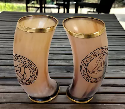 Pair Of Handcrafted ODIN'S Horn Engraved Norse Viking Drinking Horn Cups Mugs • $49.52