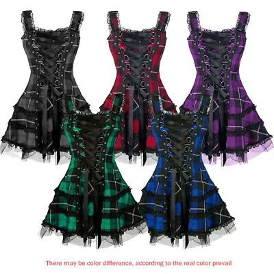 Gothic Vintage Women Plaid Sleeveless Short Dress Frill Lace Up Short Plus Size • £21.99