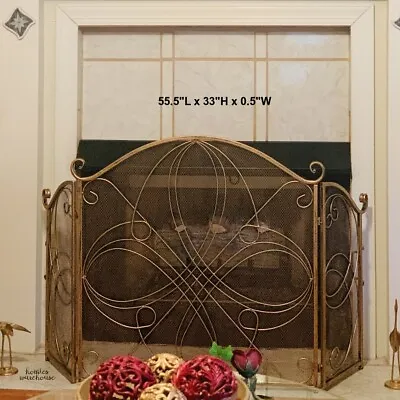 $109.95 • Buy Rustic Gold Fireplace Screen Trifold Arched Door Hearth Mesh Fence Ornate Iron