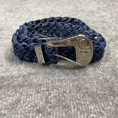 Vintage Western Belt Women 32 Blue Braided Silver Buckle Bull Stretch Adjustable • $9.95