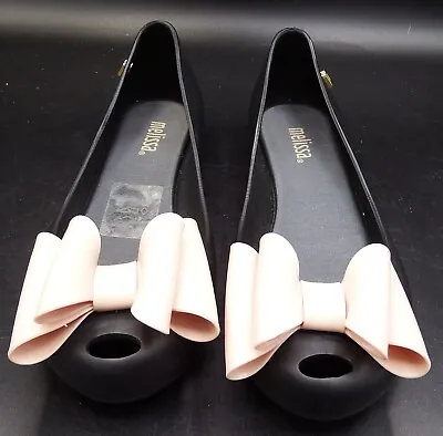 Melissa Girls Ultragirl Sweet Black Cute Bow Slip On Jelly Flat Shoes Sz 1 NEW! • $29.95