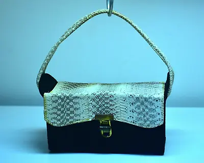 Vintage 1930's - 1950's  Snake Skin Black Velvet Women's Tote Box Handbag Purse • $25