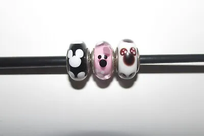 Pandora Disney Black White Pink Classic Mickey Minnie Mouse Murano Glass Charms • $60