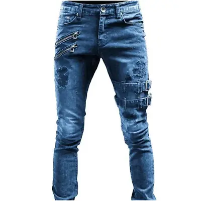 Mens Biker Pants Fashion Buckle Punk Skinny Ripped Jeans Casual Denim Trousers.  • £29.16