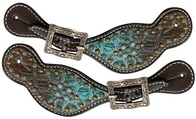 Showman Ladies Leather Spur Straps W/ Brown & Teal Alligator Overlay • $30.95