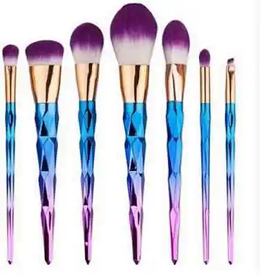  New 7Pc Hot Pink & Blue Diamond Cut Metallic Finish Unicorn Makeup Brush Set • $46