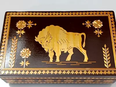 Vintage Straw Marquetry Wood Trinket Jewelry Box With Animal Bison Design 8 L • $31.98