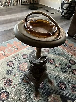 Vintage Pot Belly Stove Black Cast Floor Stand With Amber Glass Ashtray • $75