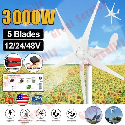 $34.99 • Buy 5 Blades Wind Turbine Generator Kit 3000W 12V/24V/48V Wind Power W/ Controller
