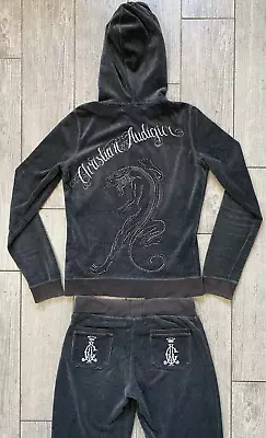 Y2K Christian Audigier Velour Tracksuit S 2-piece Set Hoodie Pants Gray Womens • $60