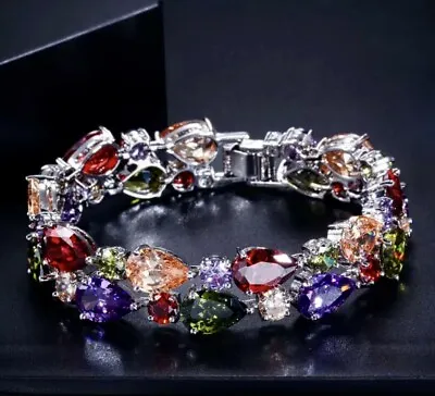 18k White Gold Plated Multicolor Tennis Bracelet Made W Swarovski Crystal 6.5” • $68.55