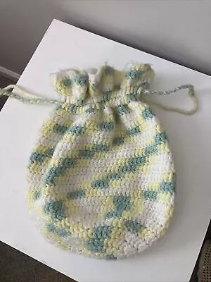 Vintage Handmade Crochet Purse Drawstring Lined Green Yellow Spring • $9.99