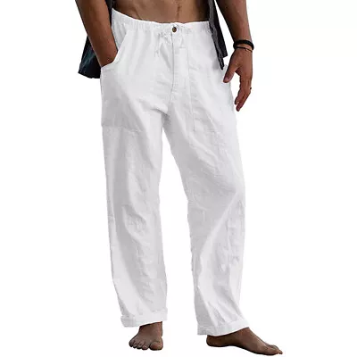 Mens Beach Loose Cotton Linen Pants Yoga Drawstring Elasticated Trousers Summer • $18.03
