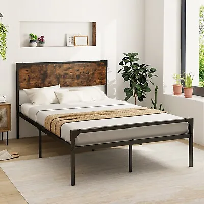 Double Metal Bed Frame Industrial Bed Platform W/ Headboard & 9 Legs • £84.95