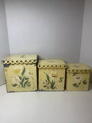 3 Piece Vintage Nesting Boxes Metal Hand Painted Flowers Yellow Tins Lace Trim • $55