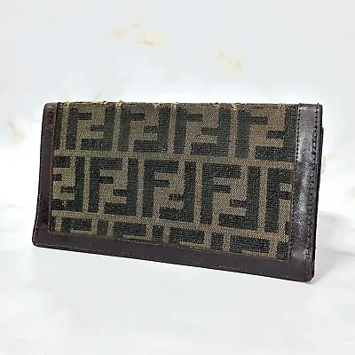 FENDI Zucca Wallet Bifold Long Bill Purse FF Canvas Brown Vintage Authentic • $54.99