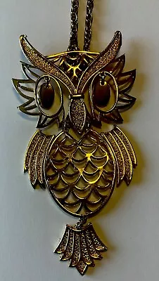 Vintage 70's Gold Tone Large Articulated Hinged Owl Pendant Necklace • $14