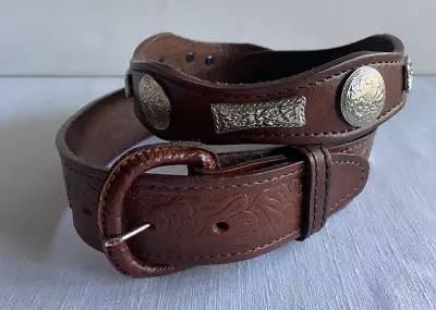 Men Brown Leather Belt Western Tooled Size 40 Western Embossed Silver Concho 43  • $24.99