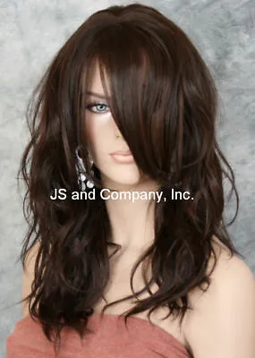 Wavy Human Hair Blend Full Wig Heat OK Long Bangs Layered Brown Mix WBSY 6-30 • $69.95