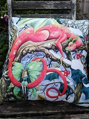 Cushion Cover Snow Dragon Christmas Decor Scatter Pagan Wicca Gardening Shamani • £6.45