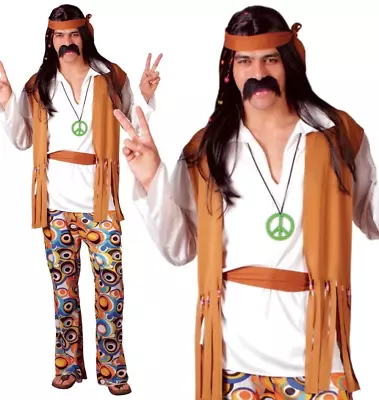 Adult Mens 60s 70s Hippie Hippy Man Groovy Woodstock Fancy Dress Costume New • £17.99