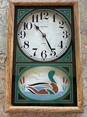 Verichron Wall Clock Vintage 1970’s Mallard Duck On Glass 14.5” X 9.5” • $29.99