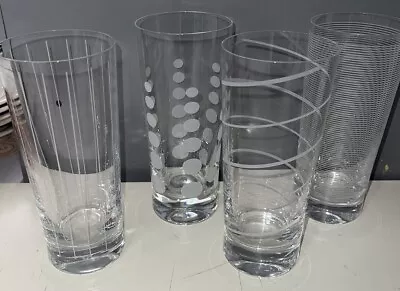 Set Of 4 Mikasa Cheers Highball Etched Clear Glass Swirls Lines & Dots • $29.99