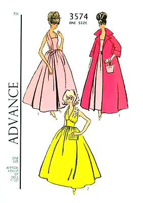 Vintage 1960s Barbie Evening Gowns Coat Bags Pattern Reproduction Advance 3574 • $7.95
