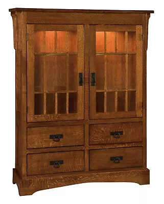 Amish Mission Arts Crafts Bookcase Glass Doors Drawers Solid Wood 46 X 60  • $3799