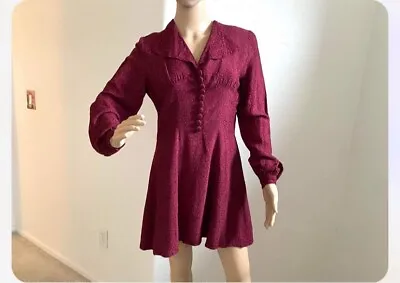 Mini Dress Vintage 1970s Crimson Red Floral Embroidered Collared Shirt Dress • $30