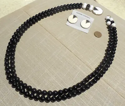 Vintage NOS Set Black Ivory Enamel Double Strand Necklace Pierced Earrings D62 • $3.99