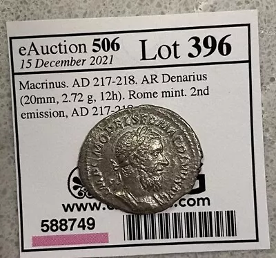 Macrinus AD 217-218 AR Denarius (20mm 2.72 G 12h) Rome Mint AD 217-218 • $224
