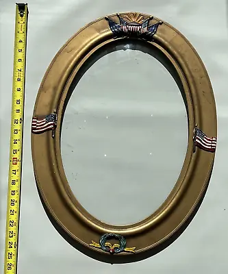 Antique American Flag WW1 Military LG Round Concave Glass Wood Art Picture Frame • $99.99