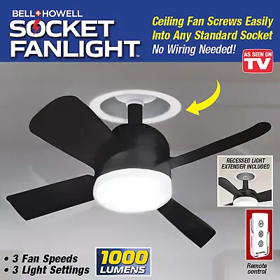 Bell + Howell Socket Fan Ceiling Light With Remote 1000 Lumens Light - Black • $35.99
