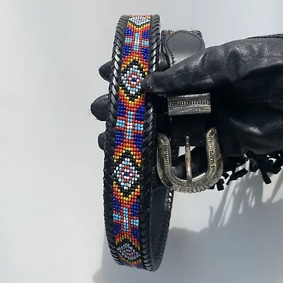 Vintage Unisex Leather & Beaded Southwestern Belt  • $38.99