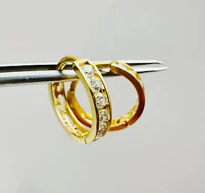 Estate Solid 10K Yellow Gold Huggie Mini Hoop Earrings W/Cubic Zirconia 12mm • $79.99
