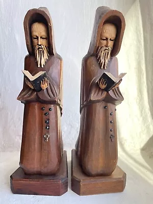 Vintage Hand Carved Wood Monk Priest Friar Bookends Wooden Set Of 2 • $12