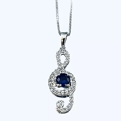 Sterling Silver Blue Synthetic Sapphire Musical Clef Note Pendant White Topaz 18 • $39.99