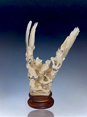 Alaskan Carved Cervidae Elk Antler Sculpture Of Great Owls - 8.1” High • $595.20