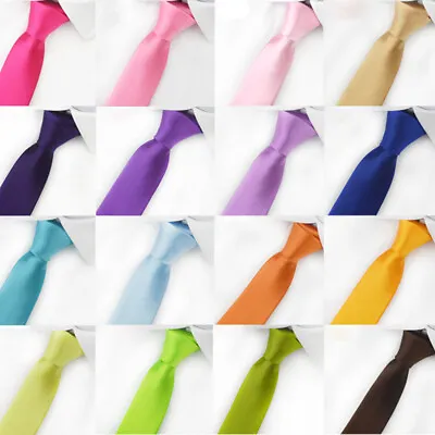 Men's Ties Plain Satin Solid Colour Slim Skinny Smart Wedding Thin Neck Tie • £2.49