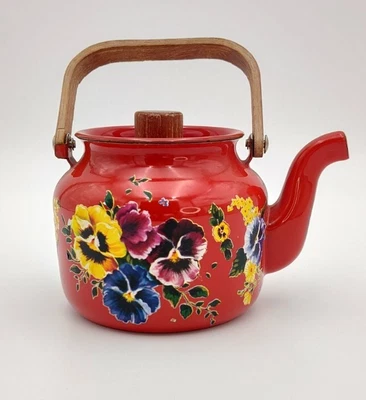 £68.85 • Buy Vintage Red Flower Tea Pot With Wooden Handle, Coated Metal