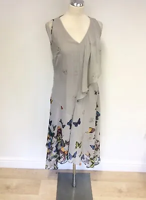 Warehouse Grey Butterfly Print V Neck Sleeveless Dress Size 10  • £25