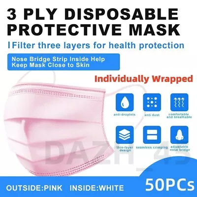 50 Pcs Pink Face Mask Disposable Non Medical Surgical 3-Ply Earloop Mouth Cover • $8.97