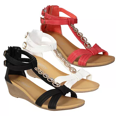 £8.99 • Buy Ladies Sandals Strappy Buckle Ring Detail Womens Summer Wedge Heel Shoes Size 